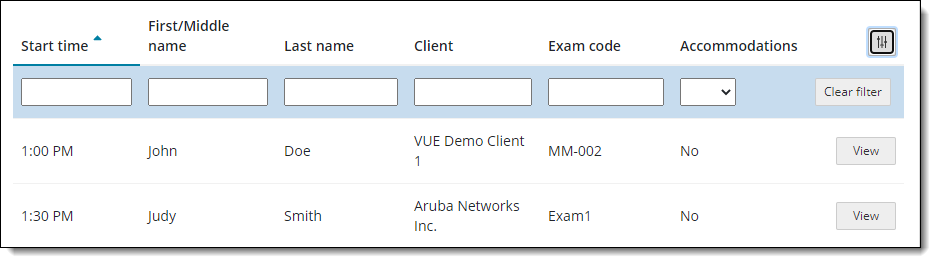 Roster filter fields for standard test center.